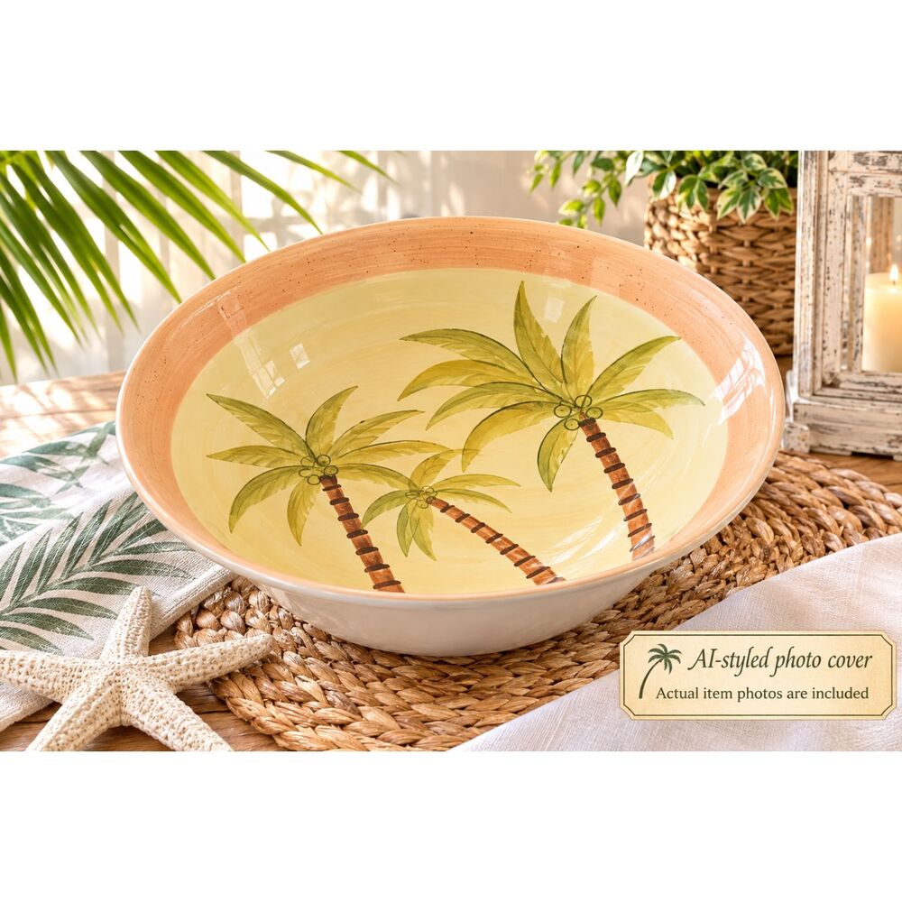 VTG Caribbean Palm Tree Serving Bowl 9.5” Toby Pieri • Canterbury Potteries